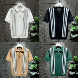 Mens Polo Shirt Ice Silk Retro Striped Short Sleeve